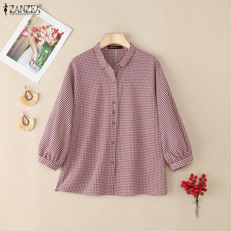 ZANZEA Women Plaid Print Casual Turn Down Collar 3/4 Sleeve Blouse
