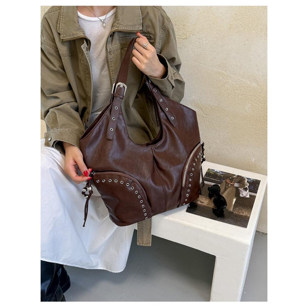 Tote Bag Women PU Single Shoulder Studded Large Capacity Multi Pocket Adjustable Strap Daily