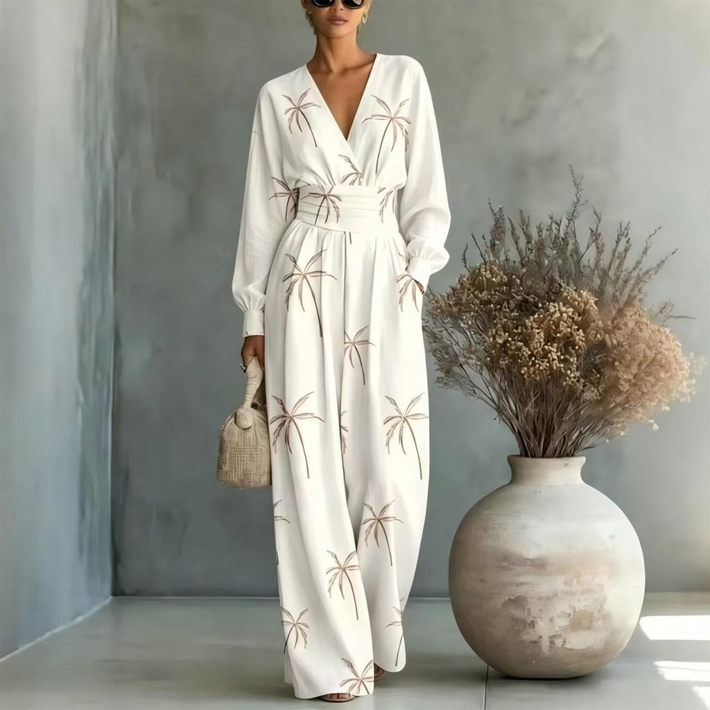 Women's Elegant V-Neck Waist-Defining Printed Jumpsuit for Evening Wear
