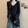 Plus Size V-Neck Ribbed Long Sleeve T-Shirt - Slimming, Loose Fit for Autumn/Winter