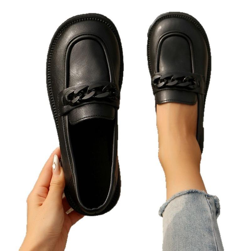 Large size single shoes women's autumn new thick heel temperament metal chain round head shallow mouth one pedal