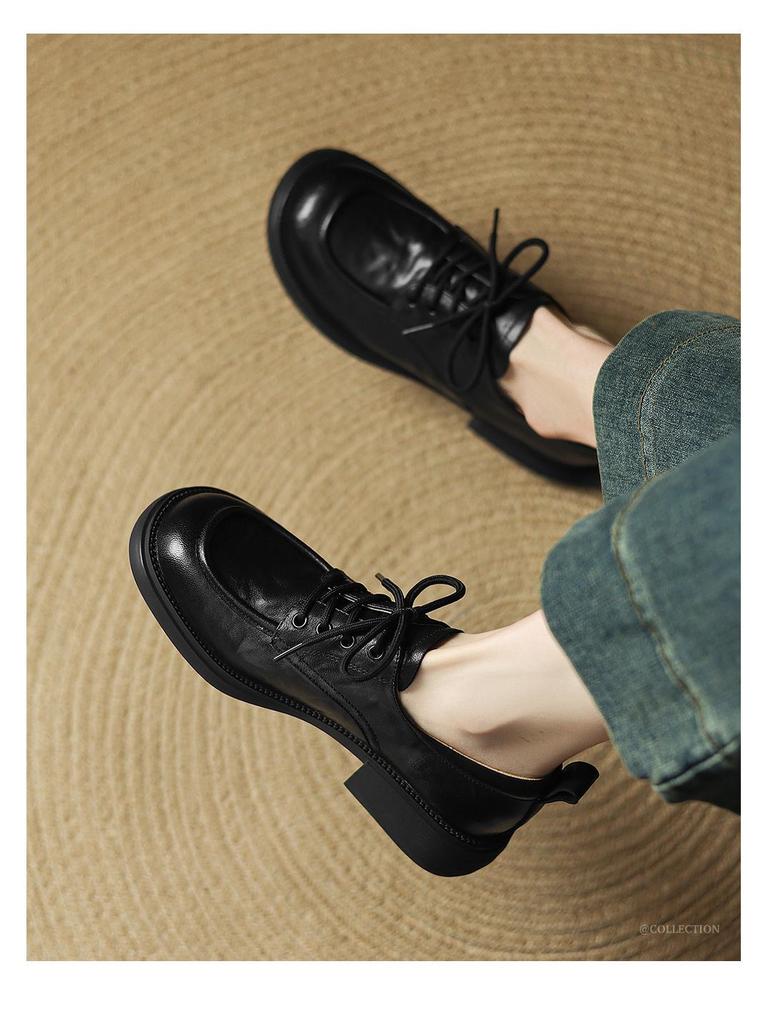 Top Grain Cowhide Women's Round Toe Lace-up Loafers - Autumn 2025 Luxury Hand-Grained Leather Shoes
