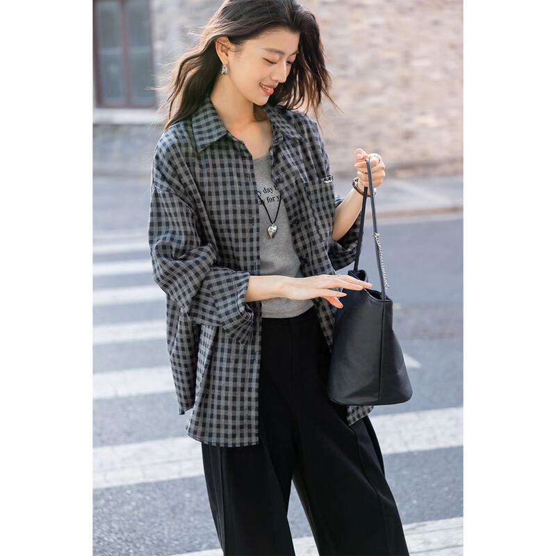 

MOKANA Women s Korean Style Plaid Long Sleeve Shirt & Vest Set S