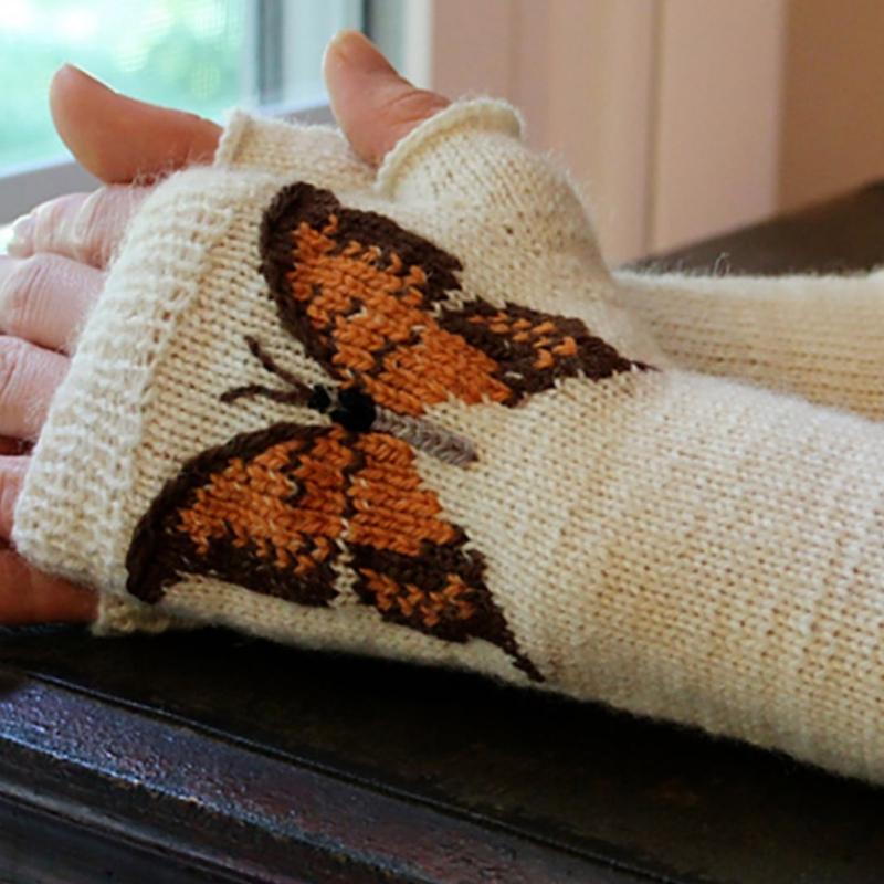Embroidery Butterfly Pattern Knitted Gloves Winter Half Finger Thicken Warm Christmas Long Gloves for Girlfriend