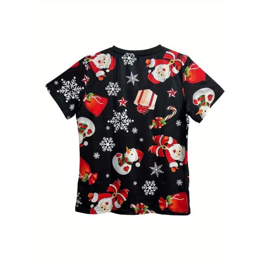 XL-7XL Plus Size Women's Men Christmas Casual 3D Print Loose V Neck Short Sleeved T-shirt Top