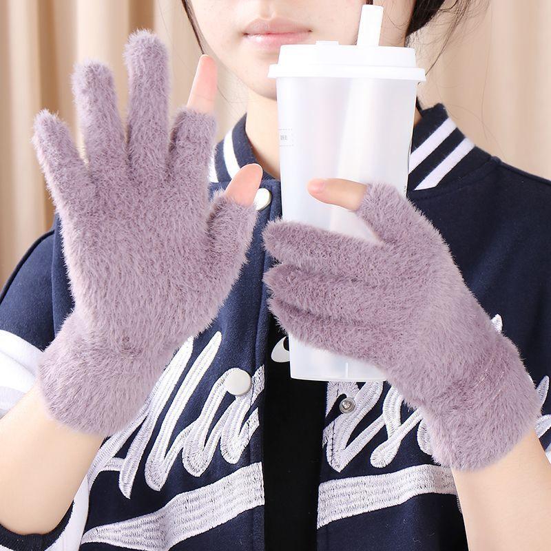 1Pair Black Gray Men & Women Winter Warm Fingerless Gloves For Writing And Touch Screen Use Casual Outings Riding Gloves