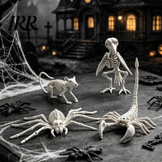 Detailed Bone Texture Ornaments Halloween Animal Skeleton Figurine, Realistic Crow Rat Scorpion Props for Haunted Durable Plastic Skull Set
