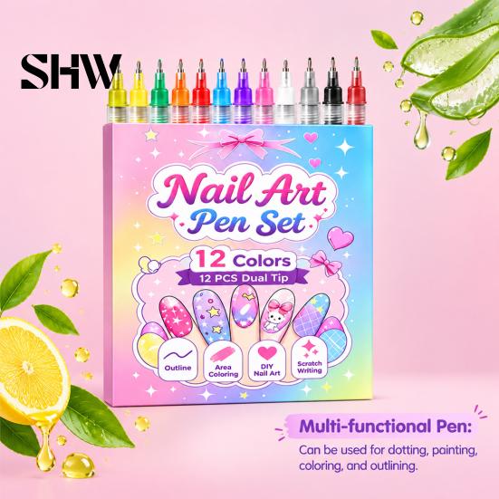 Dual Tip Nail Art Tools 12Pcs Markers for Girls, 12 Colors Markers, Broad & Fine Creative Beauty Crafts Kids Polish Pens, Quick Dry DIY Manicure