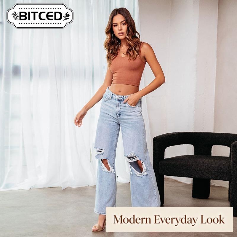 BITCED Women's Fashion Casual Solid Color Print Pants & Capris