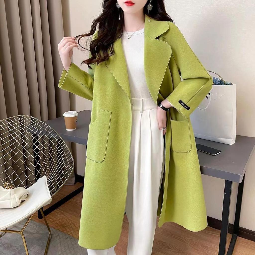 Women's Autumn and Winter Medium-length Temperament Loose Lacing Coat Solid Color Double-sided Velvet Coat