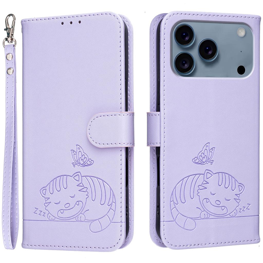 Für iPhone 17 Pro Hülle RFID-blockierende Geldbörse Ständer Geprägtes Katzenmuster Leder Klapphandyhülle mit Armband