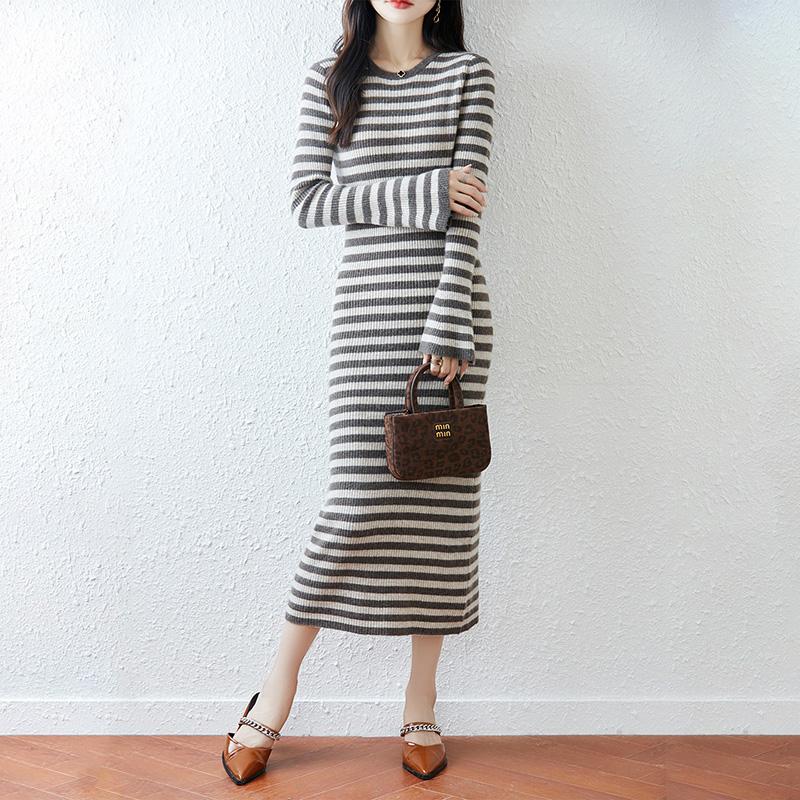 Women Sweater Dress 100% Wool MODERN NEW SAGA O-neck Striped Knit Long Pullover Winter Jumpers Wool Long Dress Female