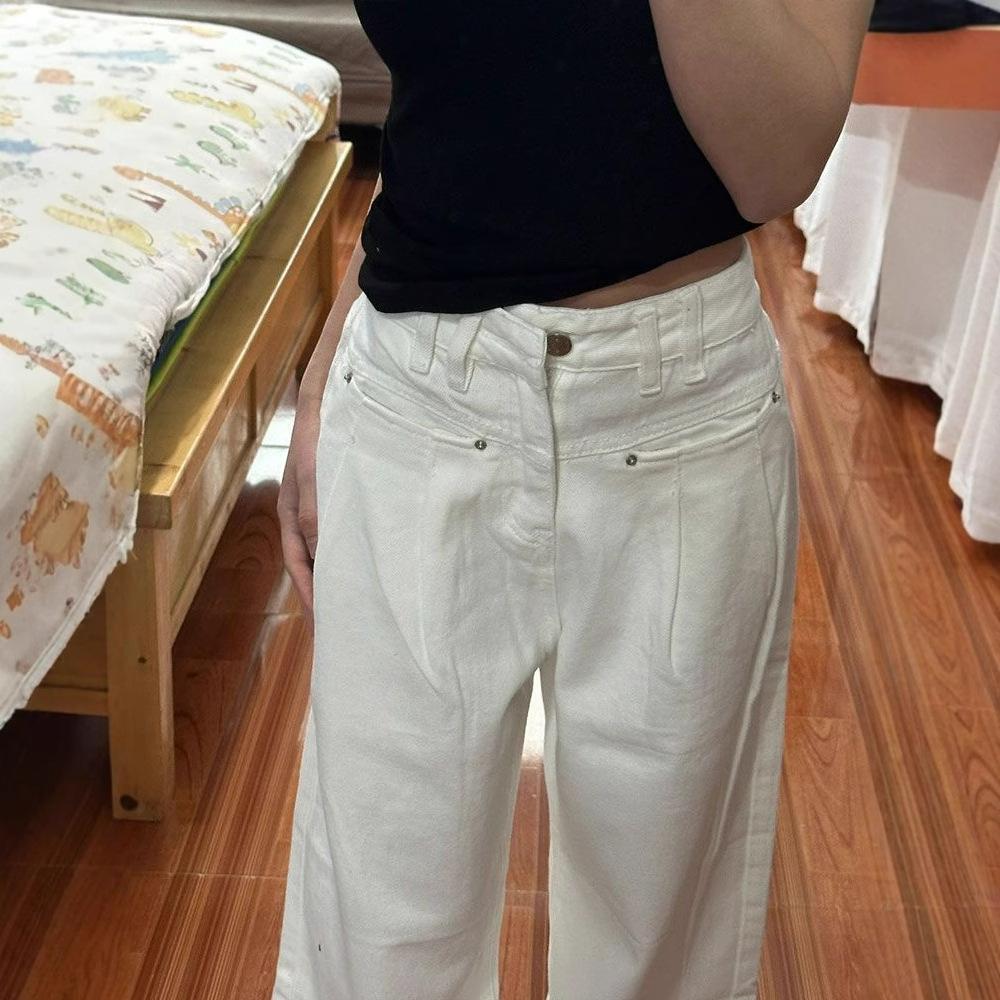 Frayed White Denim Jeans Female Summer Drape High-waisted Straight Loose Skinny Trailing Wide-legged Pants Retro Street Style Baggy Jeans for Ladies