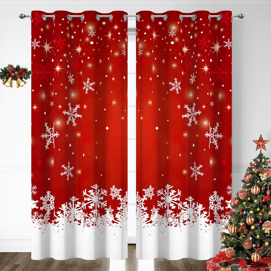 Christmas Curtain Living Room Panel Set Xmas Window Curtains Sparkle Reindeer Snowflake Print Decor Made Of Polyester Sitting