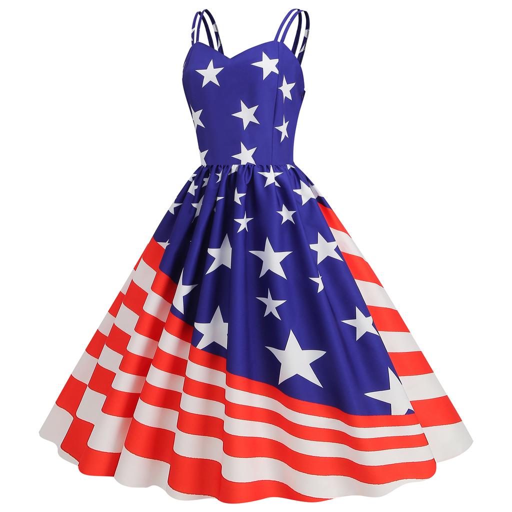 Women's Sexy Spaghetti-Strap Retro Dress With American Flag Print For Summer