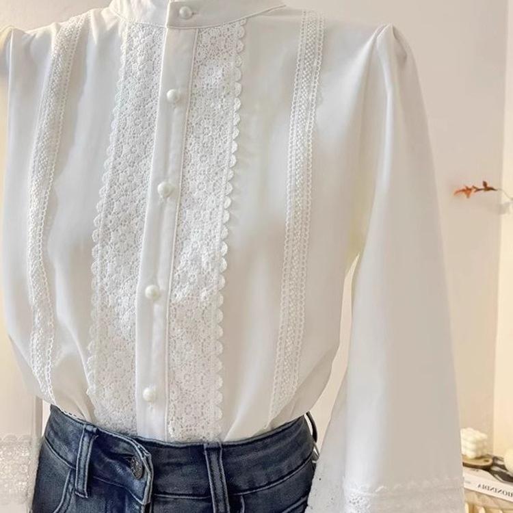 Women's White Lace Patchwork Stand-Up Collar Lantern Sleeve Blouse - Stylish Autumn 2025 Inner Wear