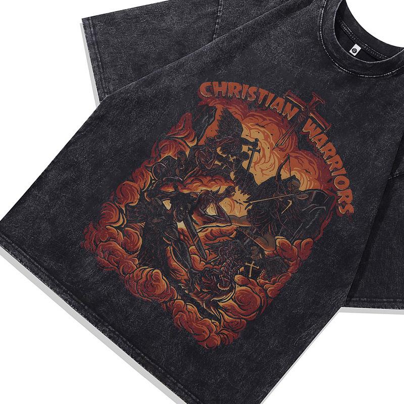European And American High Street Punk Skull Print Vintage Washed Old Small Neckline Loose Short Sleeve T-Shirt Men