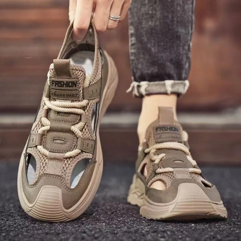 Fashion 2025 Men Rubber Shoes Sport Man Summer Sandals Leather Italian Men’s Beach Tennis  Fashion Hollow Out Lace-Up Slippers