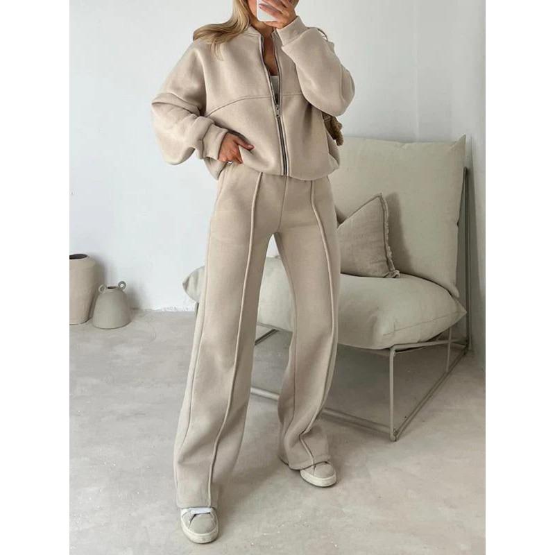 Women's Fashion Casual Spring Autumn Solid Color Print Long Sleeve O-Neck Trousers Pants Suits