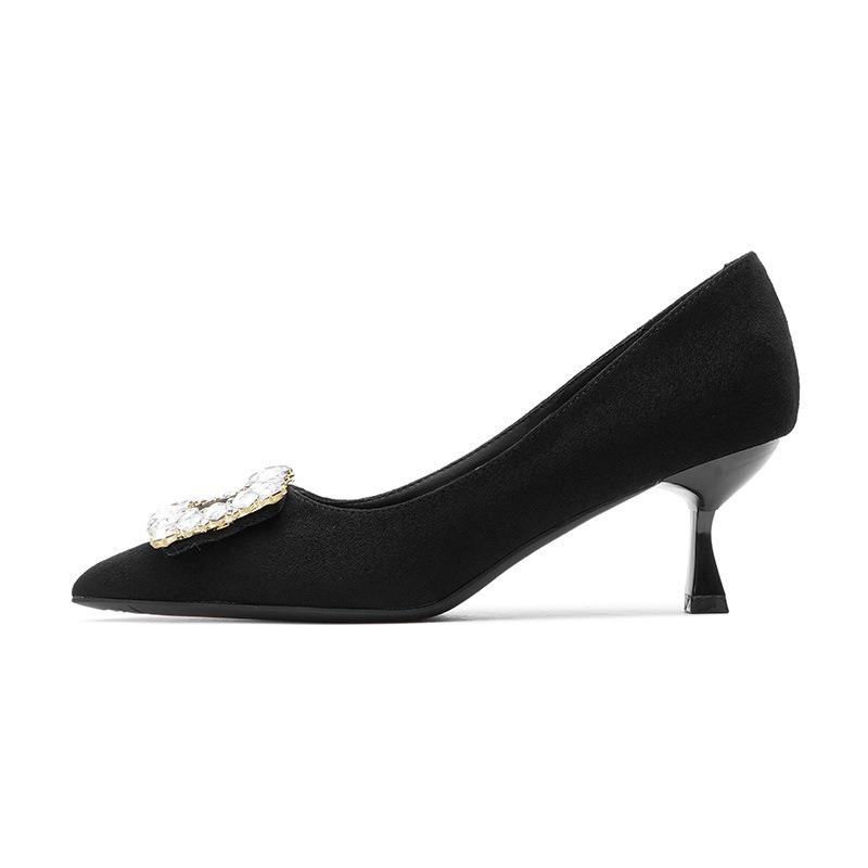 8-Rhinestone square buckle high-heeled single shoes women's autumn new pointed stiletto suede high heels