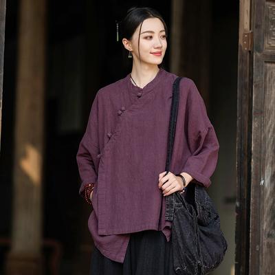 Women Chinese Style Shirts Tops Stand Long Sleeve Solid Color Blouses Autumn Button Shirts