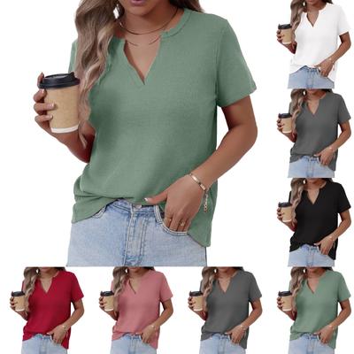 Women's Loose Casual V-Neck Short Sleeved  Solid Color T-Shirt Top Solid Color T-Shirt Top
