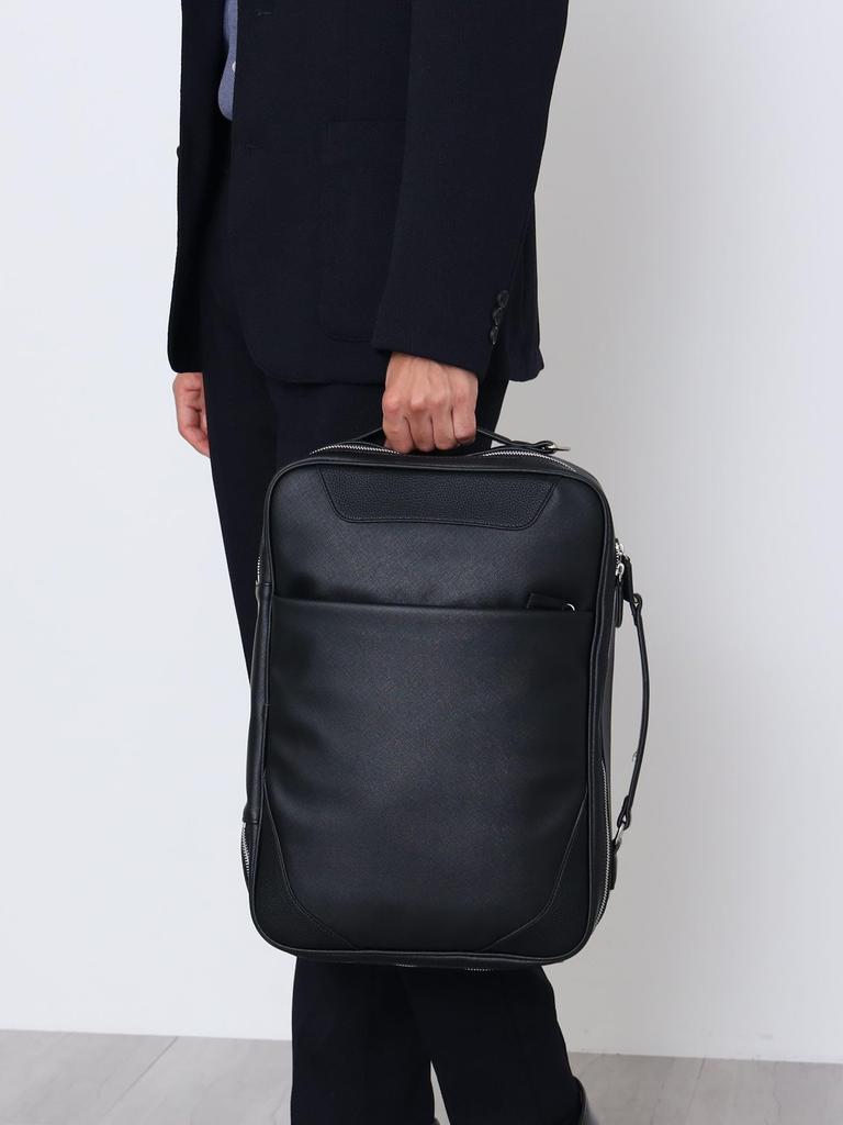 Beams Heart Men's Canvas Bag, Faux Leather 3-Way Briefcase, Black