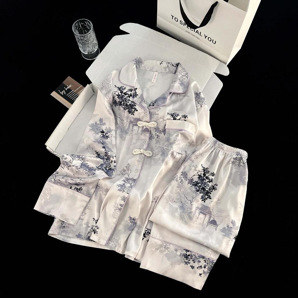 New Chinese Style Ice Silk Pajamas for Women: Cardigan Lapel with Retro Frog Button, Floral Design Home Wear.