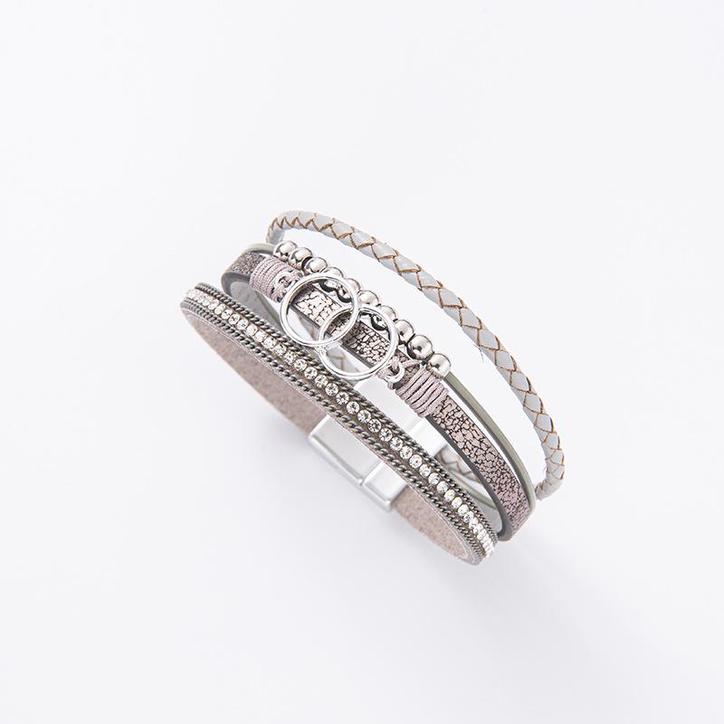 Damen Handgefertigtes Geflochtenes Lederarmband mit Doppelring Magnetverschluss und Strasssteinen
