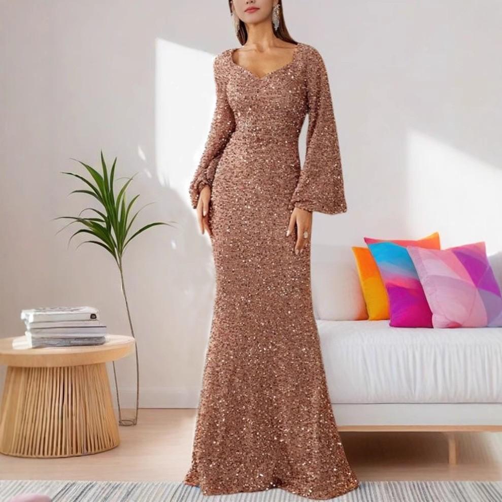 Women's V Neck Bell Sleeve Skinny Fit Mid Rise Mature Maxi Sequin Dress Formal Mermaid Maxi Dress