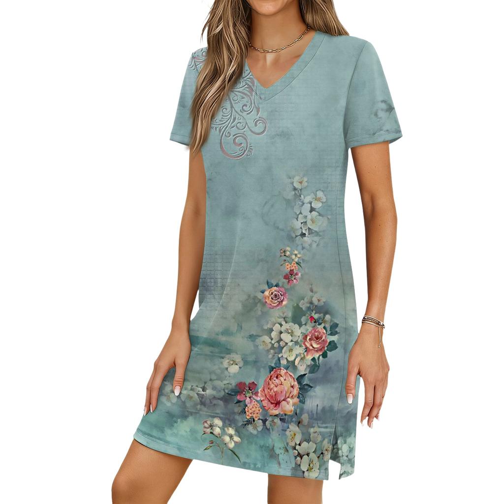 Women's Casual V-neck Short Sleeve Split Hem Vintage Printed Dress