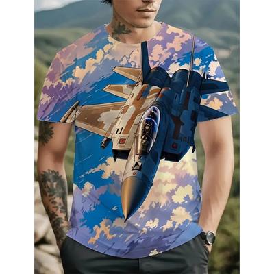 Duży Męski T-shirt z Nadrukiem 3D Wzoru Samolotu Męski T-shirt z Krótkim Rękawem i Okrągłym Dekoltem Letni Modny T-shirt Casualowy Wygodny Wszechstronny Top
