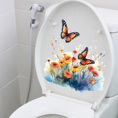 Colorful Butterflies Flower Toilet Sticker Removable Self-adhesive Waterproof PVC Living Room Wall Art Floral Bathroom Toilet Lid Decoration Decal