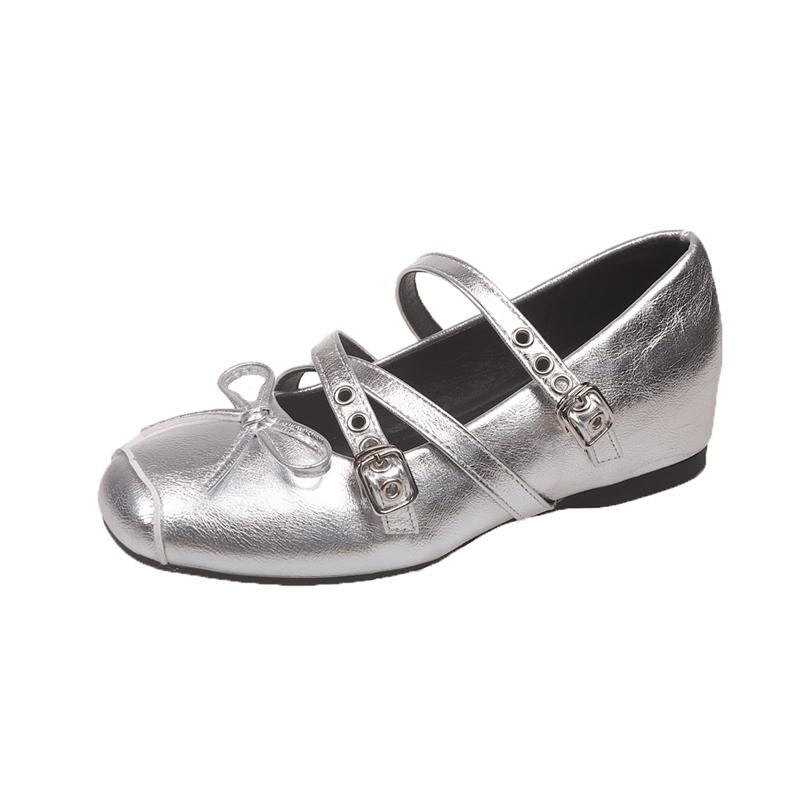 Fashion Inside Heightened Single Shoes Women's Fall New French Square Toe Shallow Rivet Bow Mary Jane Ballet Shoes