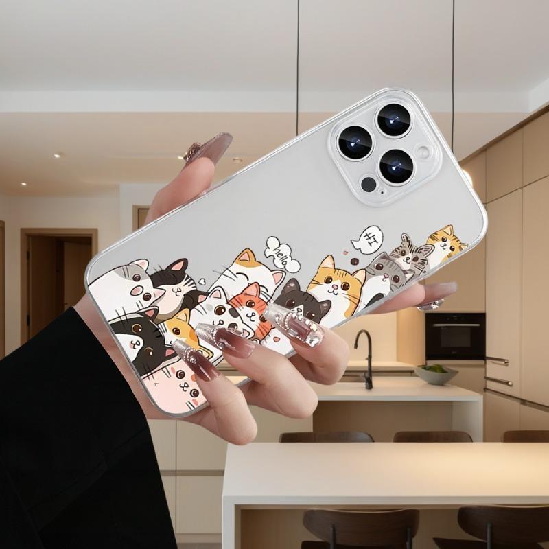 Cute Kitten Pattern Transparent Mobile Phone Case Suitable for iPhone17 16 15 14 13 12 11Pro/ Max /Plus Anti-fall and Shockproof