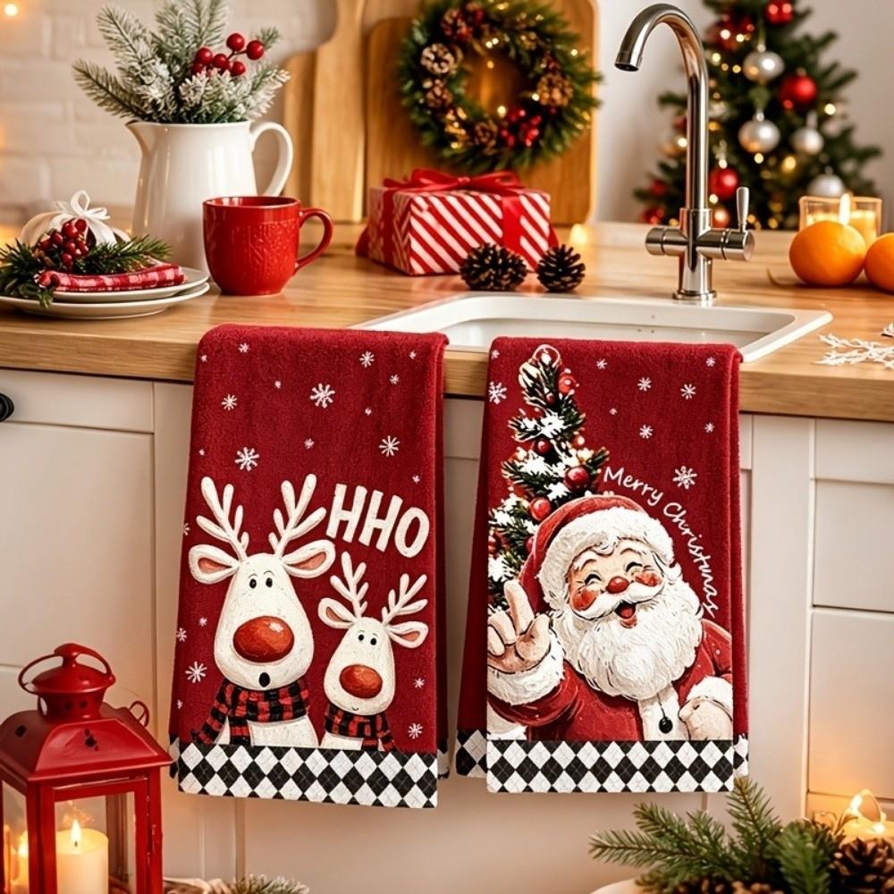 2pcs Santa Claus Xmas Hand Towels Reindeer Dish Towels Navidad Natal Cleaning Cloth Kitchen Decor