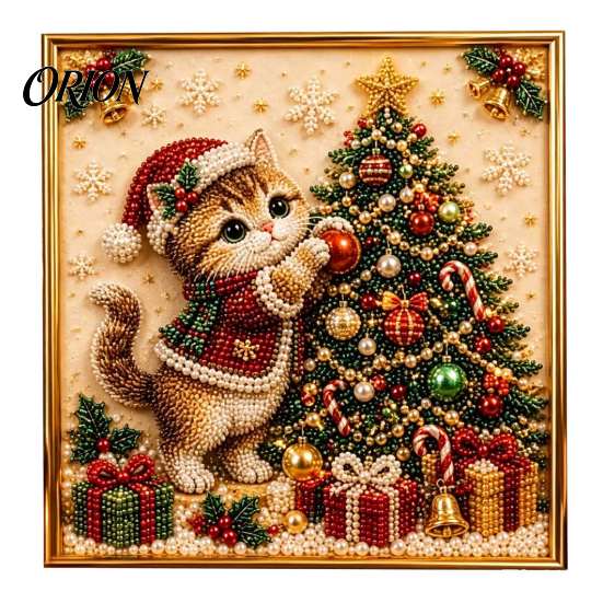 Christmas Faux Pearl Art Kit Xmas Cat Painting Kit, Festive DIY Winter Home Decor Cute Kitty 3D Bead Craft for Adults Teens, Holiday Wall Sparkling
