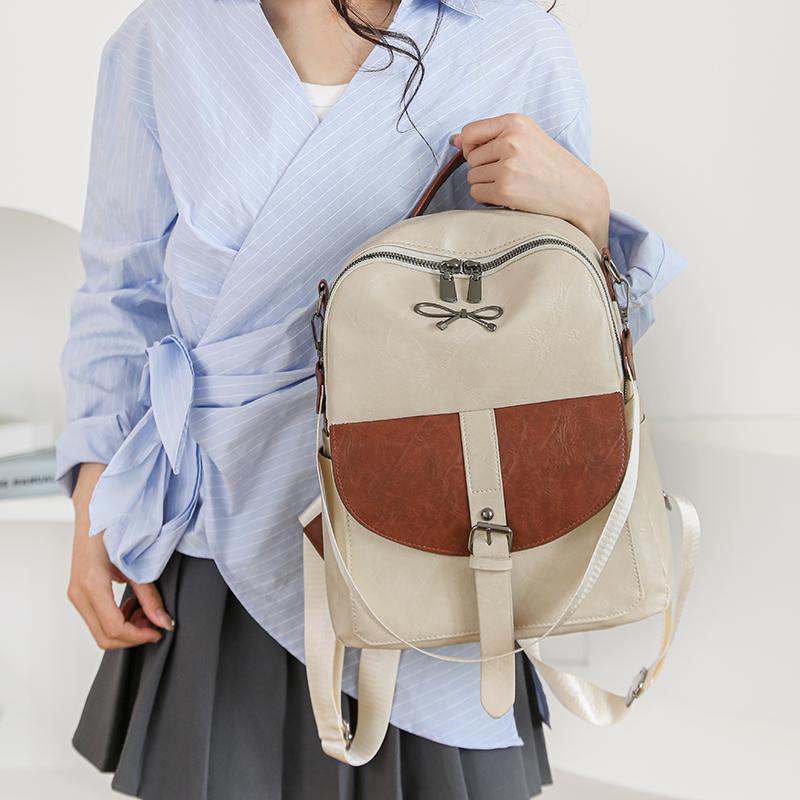 Contrast Color Stitching Women's Bow Backpack Vintage Commuter PU Backpack