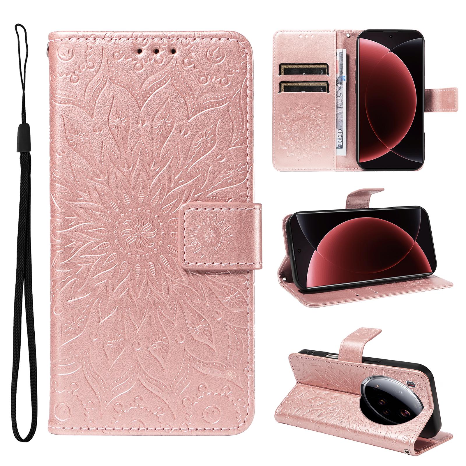 

For Xiaomi 15 Ultra Leather Wallet Case Sunflower Imprinted Phone Cover Rose Gold