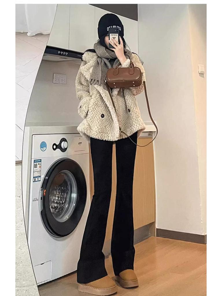 Women's Fleece-Lined High-Waisted Black Flared Denim Pants - 2025 Autumn/Winter Trend