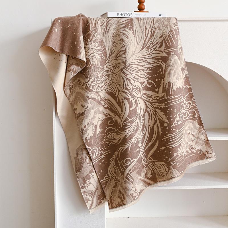 

национальный стиль мифический стиль Феникс Гочао двусторонний двухцветный термошарф из искусственного кашемира элегантная и простая шаль 180-65cm хаки