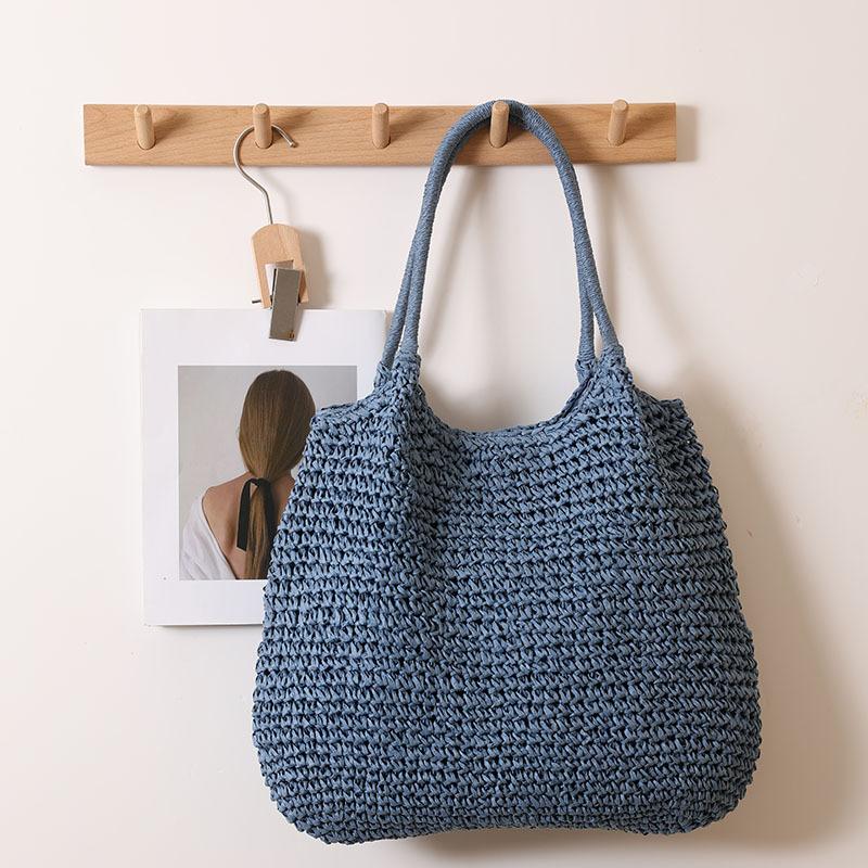 

Large Capacity Straw Bags Casual Weaving Shoulder Bag Beach Vacation Handbags Luxury Vintage Female Bags 31-36cm синій
