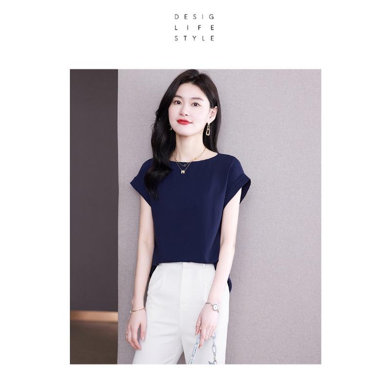 

Весна-лето, женская блузка с короткими рукавами, тонкий свободный топ, модная элегантная повседневная простая однотонная рубашка, женская одежда 3606 3XL темно-синий