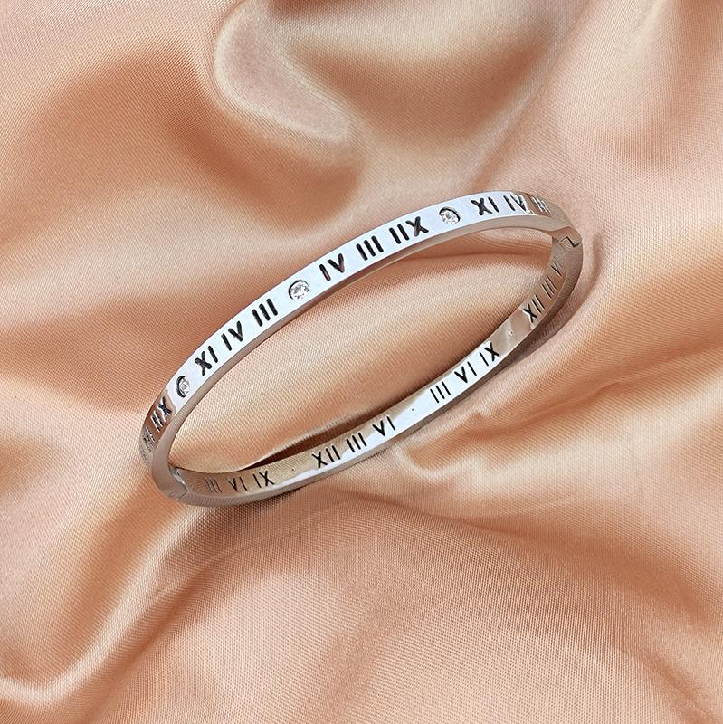 Roman Numeral Rhinestone Bangle Titanium Steel Fade Resistant Bracelet for Women Minimalist Luxe Gift for Friends