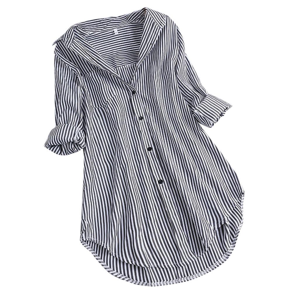 Women's Striped Shirt with Long Sleeves and Turn Down Collar with Buttons Loose Top Shirt Blouse