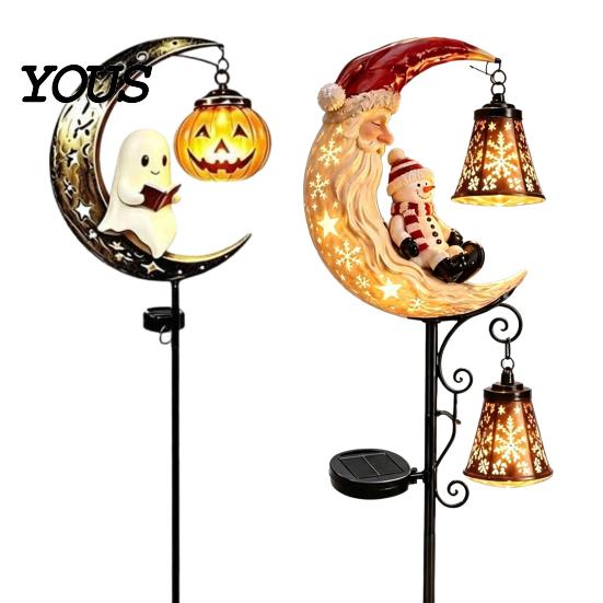 Festive Garden Stake Lights Solar Snowman/Ghost Moon Light, Waterproof Metal Sculpture, Decorative Iron Ground Insert Powered Lamp for Outdoor Pathway