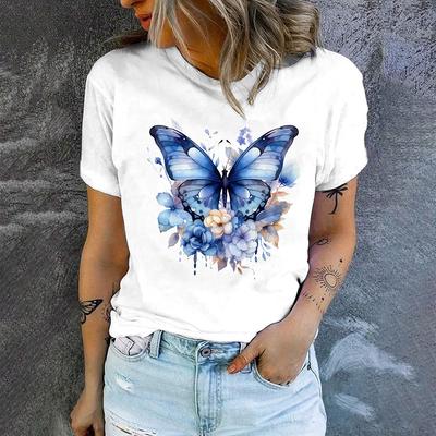 T-shirt d'été pour femme avec motif papillon artistique et exquis à manches courtes pour femme, haut élégant à col rond