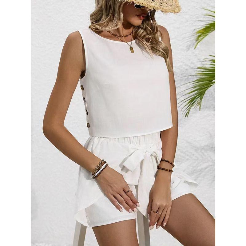 Fashion Wind Fashion Cotton Linen round-Neck Vest Shoelace Shorts Two-piece Set Sexy Top and Pants Set