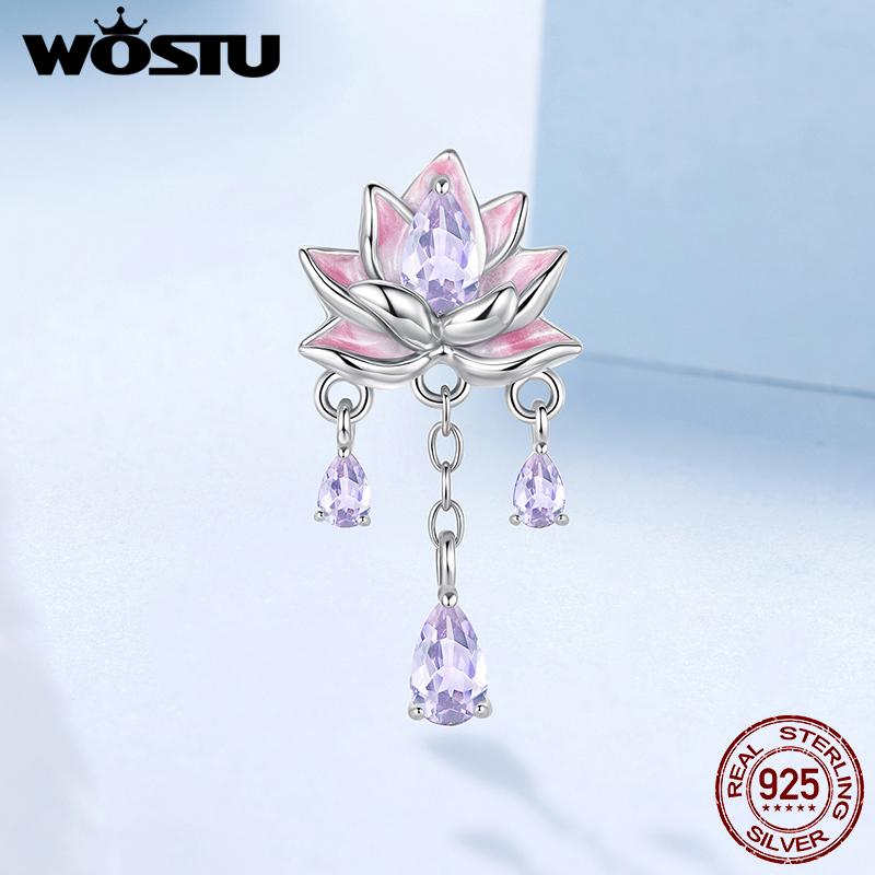 WOSTU 925 Sterling Silver Pink Lotus Flower Charms Purple Crystal tassels Pendant Moon bead Fit Bangle Neckalce DIY Make Gift
