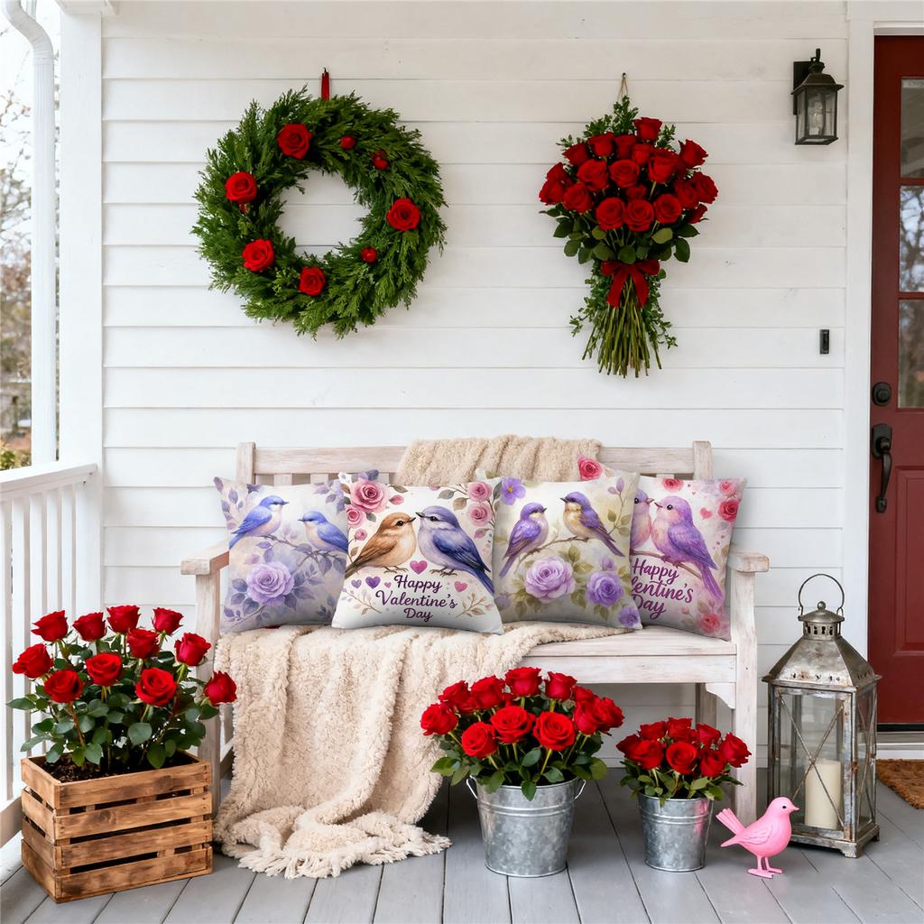 4pcs Valentine'S Day Throw Pillow Covers | Pink Purple Flowers and Birds Designs, Zip Closure, Polyester, Hand Wash Only